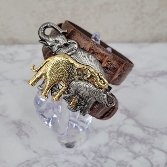 Elephant Buckle Gold Silver Toned Genuine Leather Embossed Croc Pattern - Picture 1 of 11